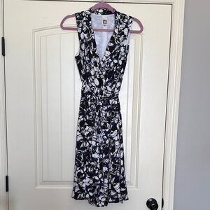 Anne Klein Navy, Black & White Floral Faux-Wrap Midi Dress, Size 8